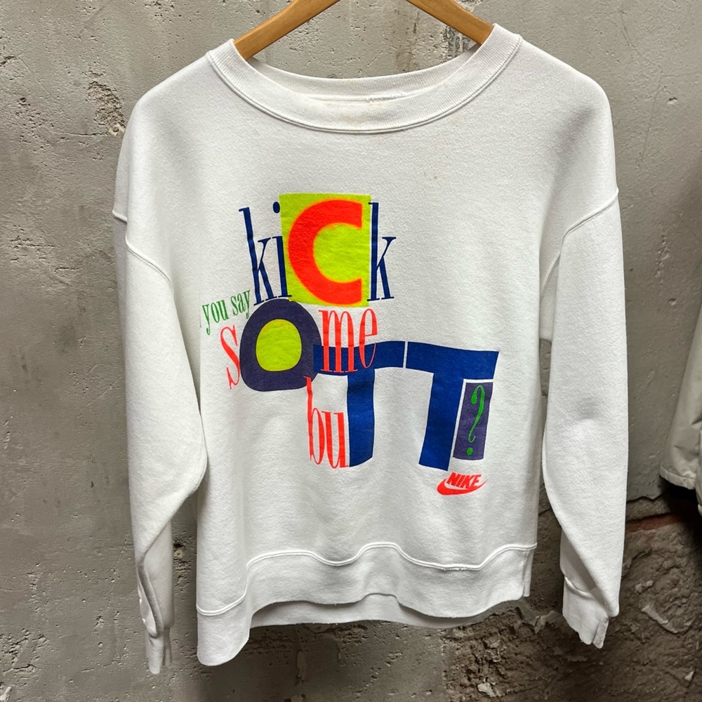 Nike Vintage 80s Kick Some Butt Neon Graphic White Fleece Crewneck Sweatshirt M